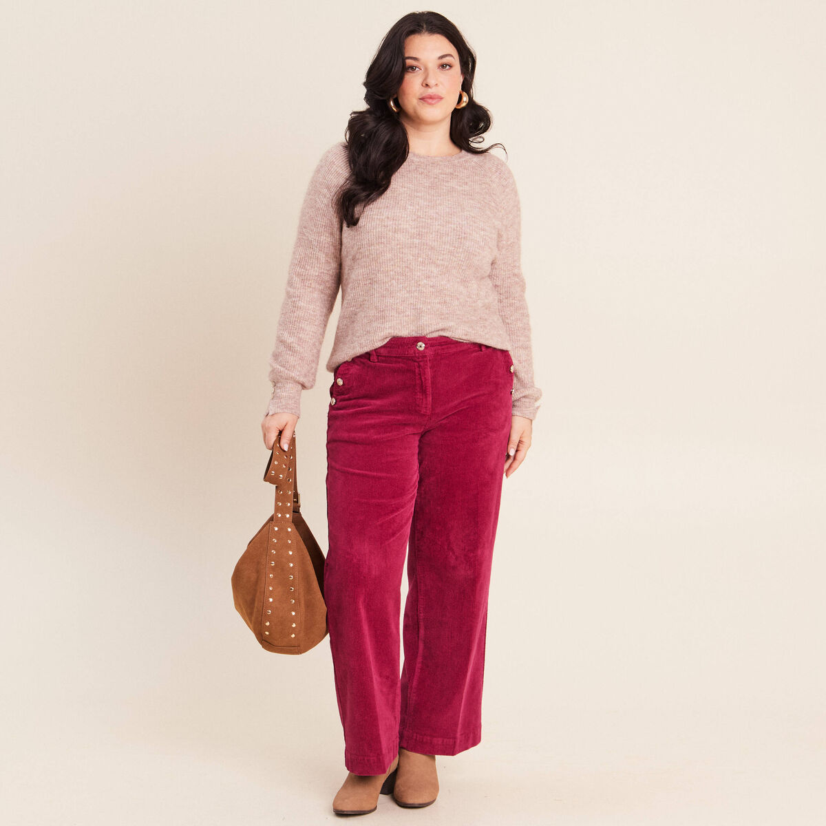 Pull col rond beige femme