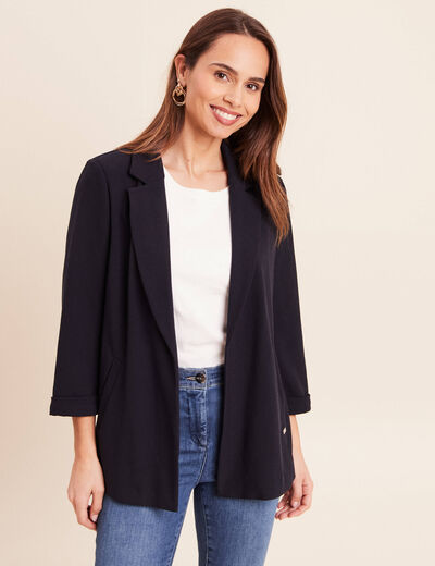 Veste longue droite col tailleur bleu fonc&eacute; femme
