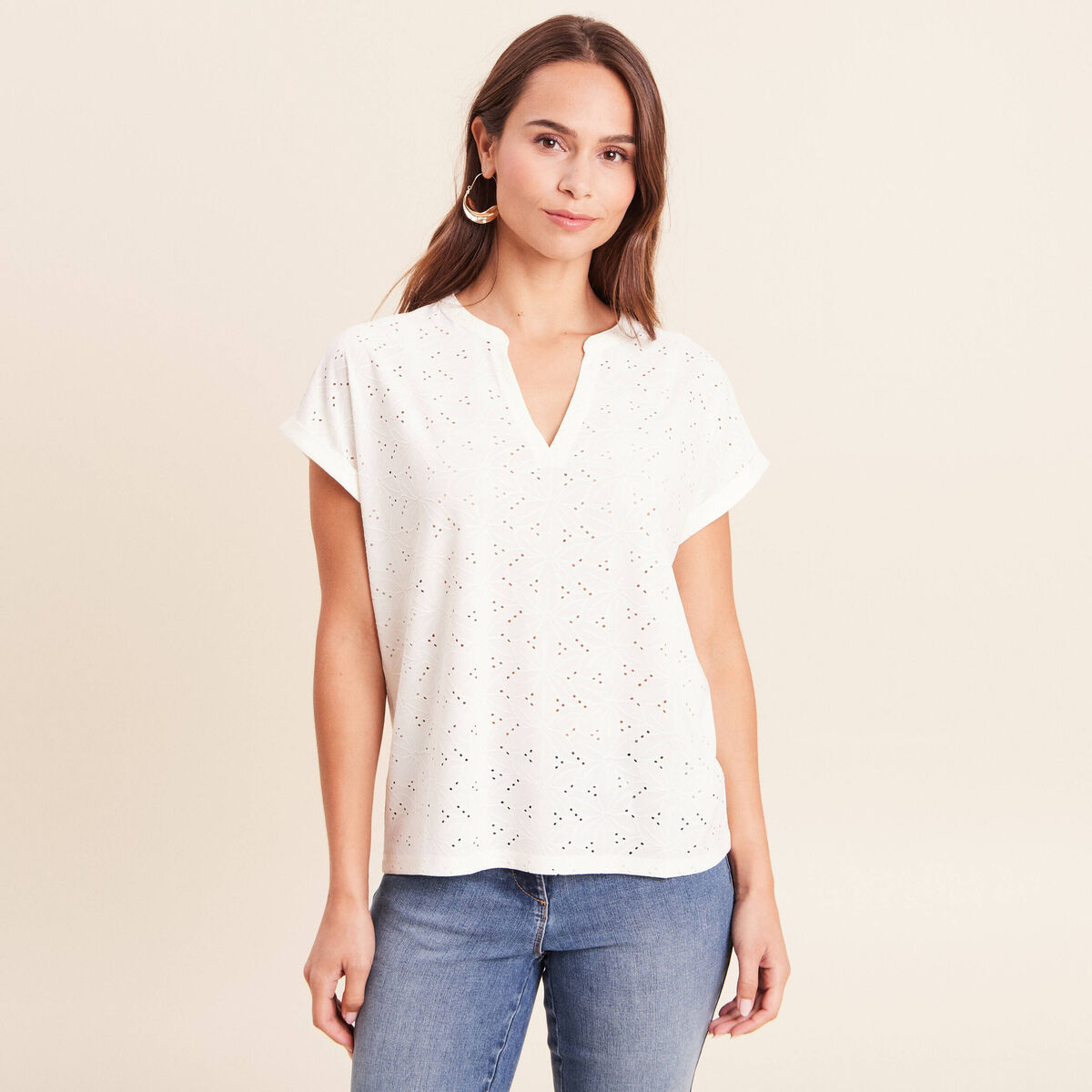 T-shirt droit manches courtes ecru femme