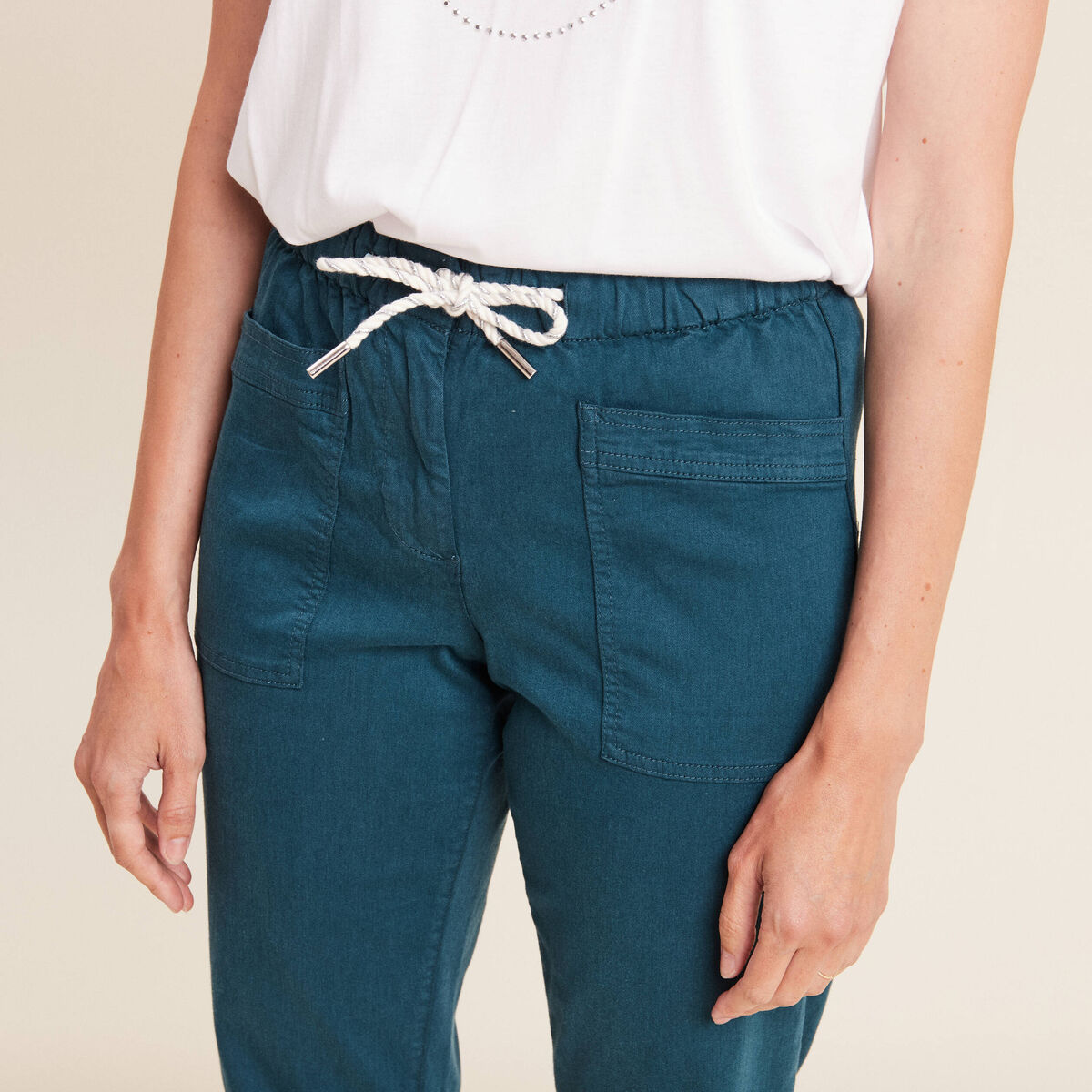 Pantalon coupe mom 7/8&egrave;me bleu canard femme