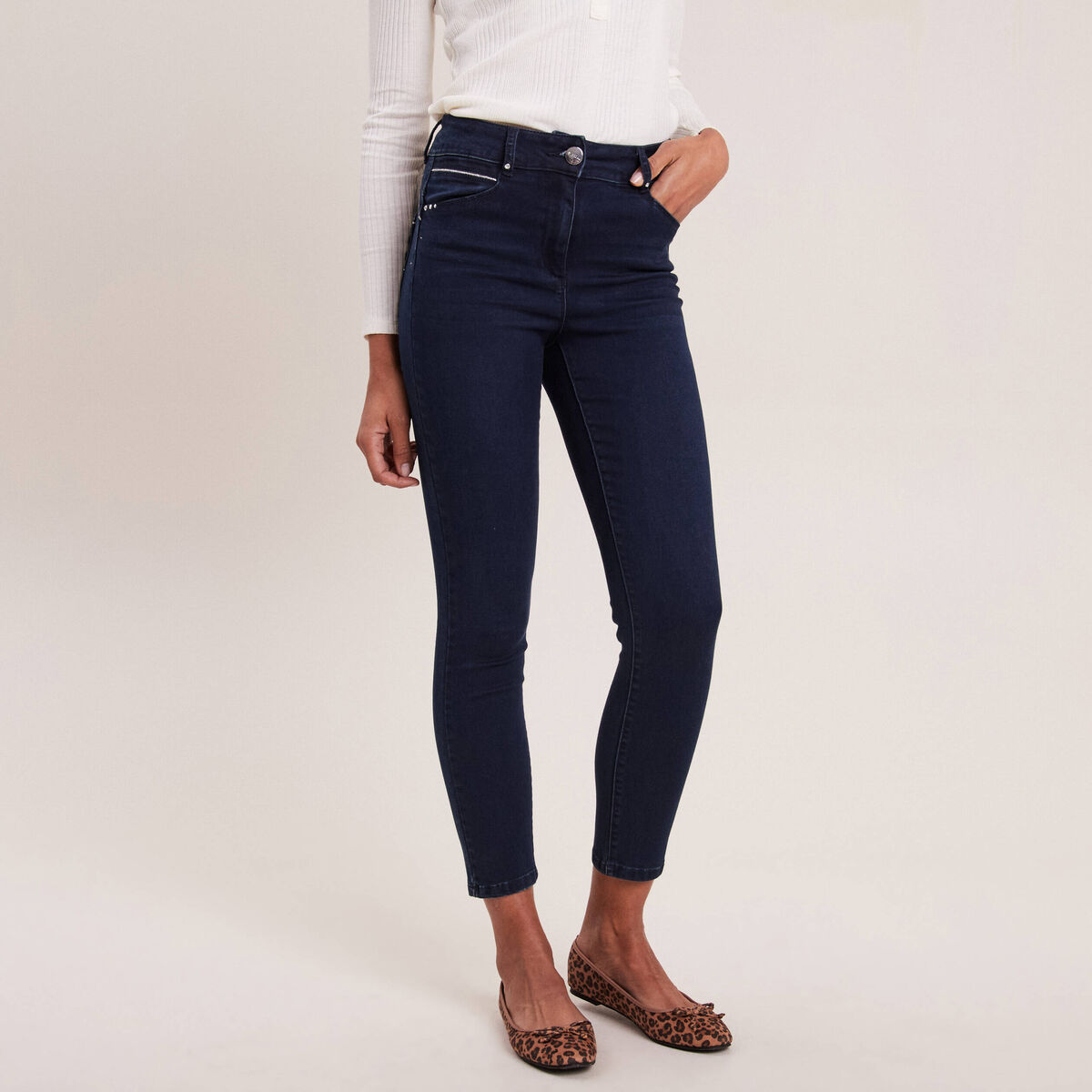 Jean coupe ajust&eacute;e 7/8&egrave;me taille haute denim brut femme