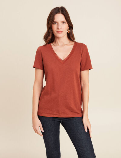 T-shirt manches courtes col en V marron foncé femme