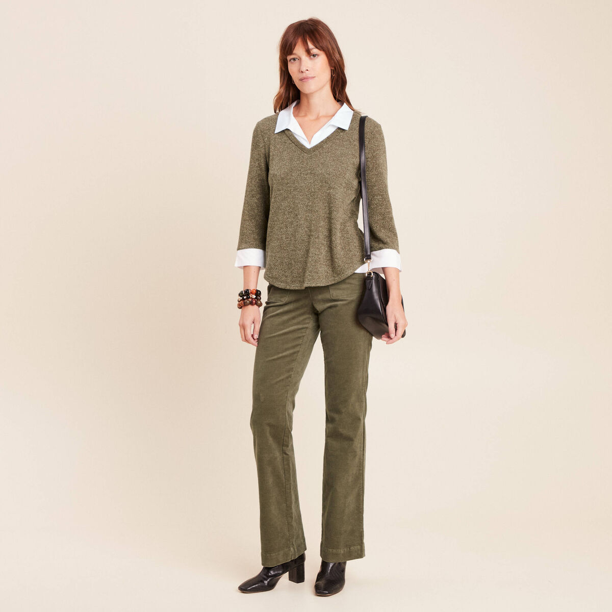 Pantalon bootcut taille haute velours vert kaki femme