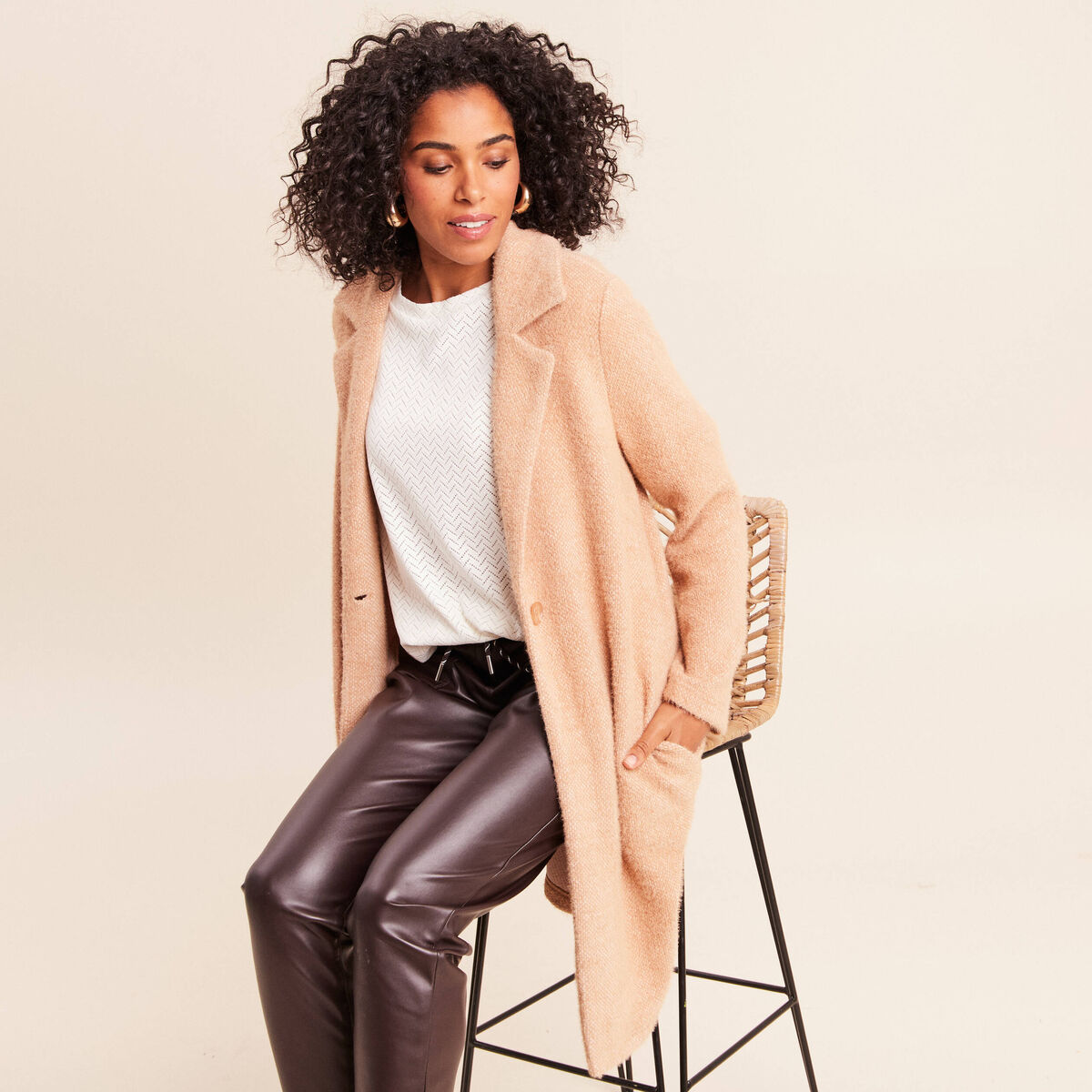 Gilet long boutonn&eacute; marron clair femme