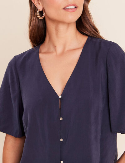 Blouse ample col v manches courtes bleu marine femme