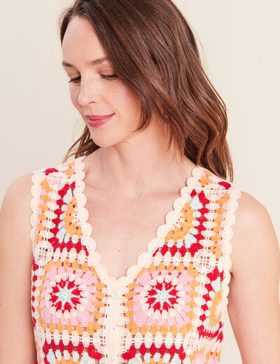 Gilet macram&eacute; col v sans manches ecru femme