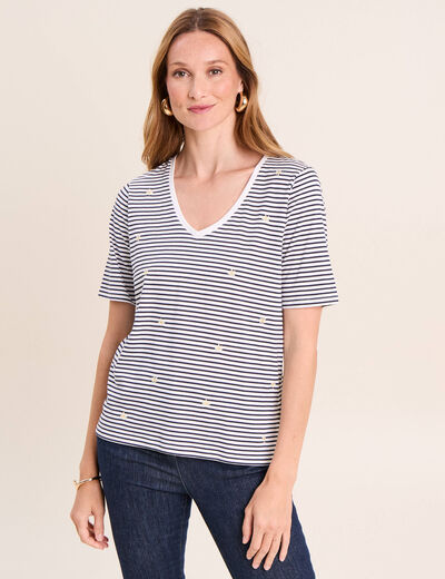 T-shirt droit broderie manches courtes bleu femme