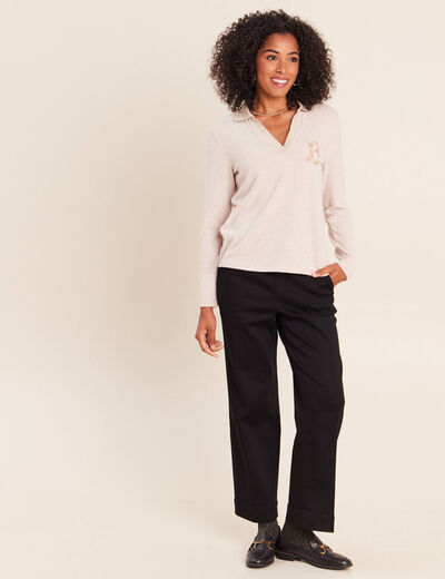 Polo manches longues col chemise brod&eacute; creme femme