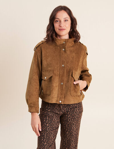 Veste ample col montant doubl&eacute;e marron fonc&eacute; femme
