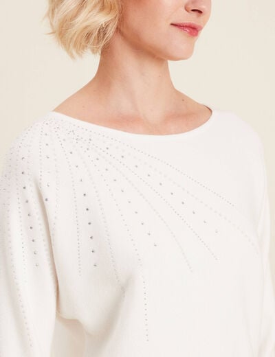 Pull manches longues strass ecru femme