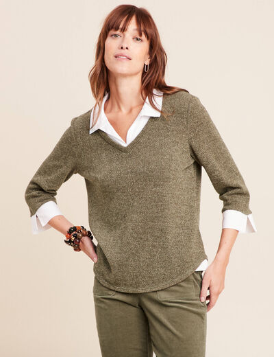 T-shirt col chemise manches 3/4 vert kaki femme