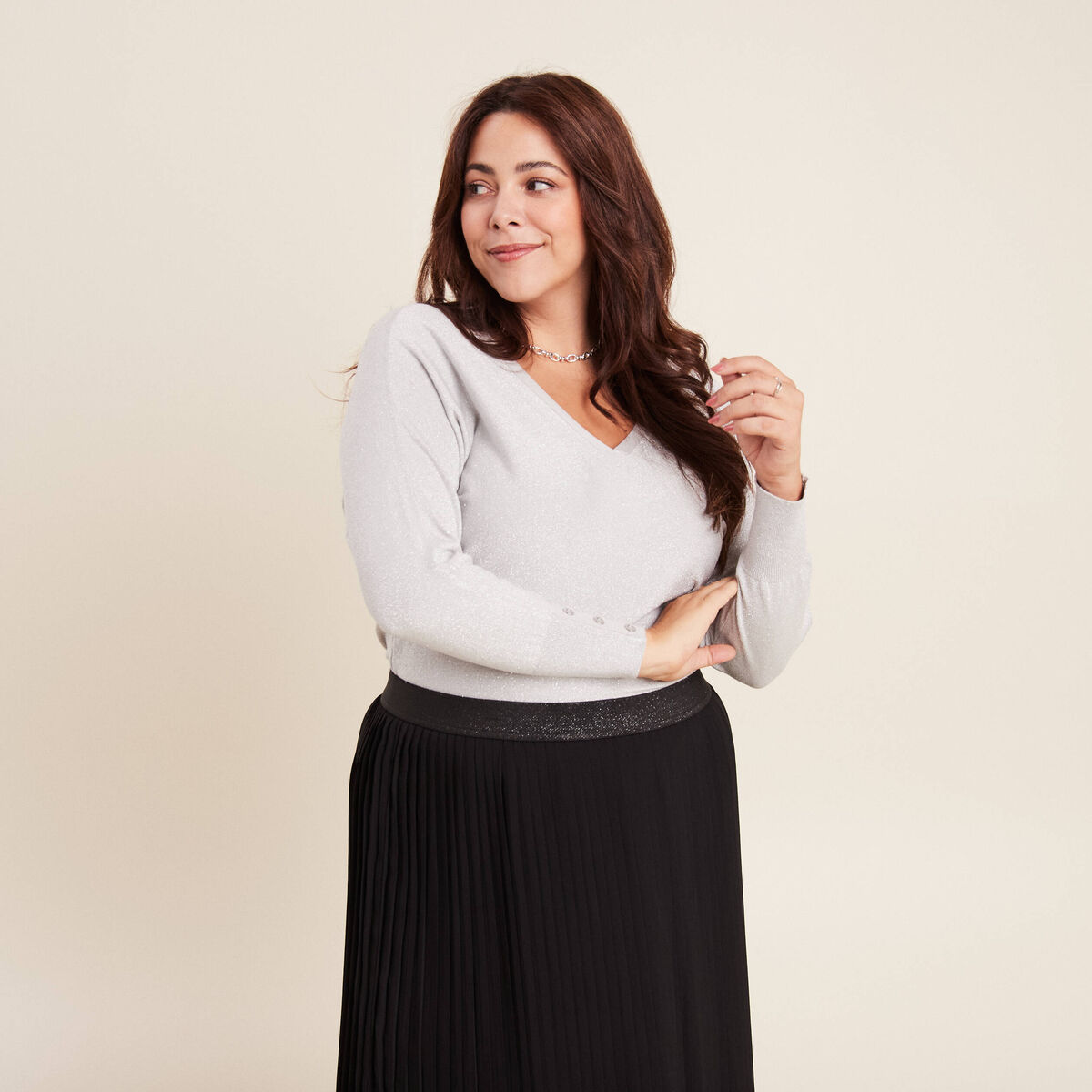 Pull manches longues couleur argent femme