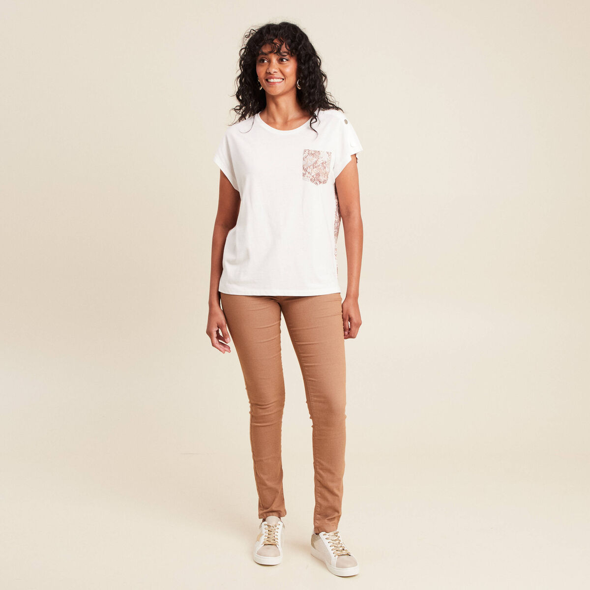 t-shirt col rond manches courtes ecru femme