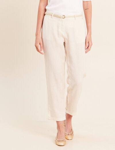 Pantalon coupe chino en lin ceintur&eacute; beige femme