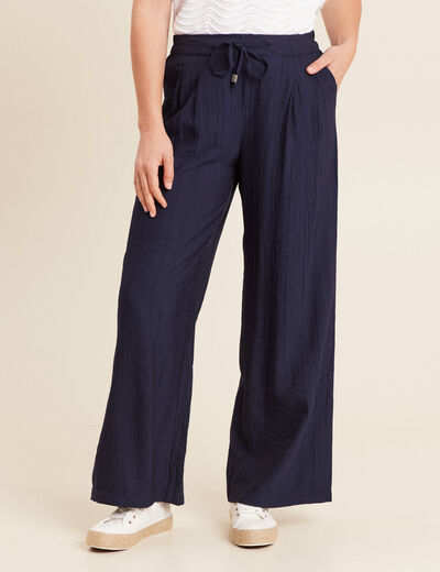 Pantalon fluide taille haute bleu marine femme