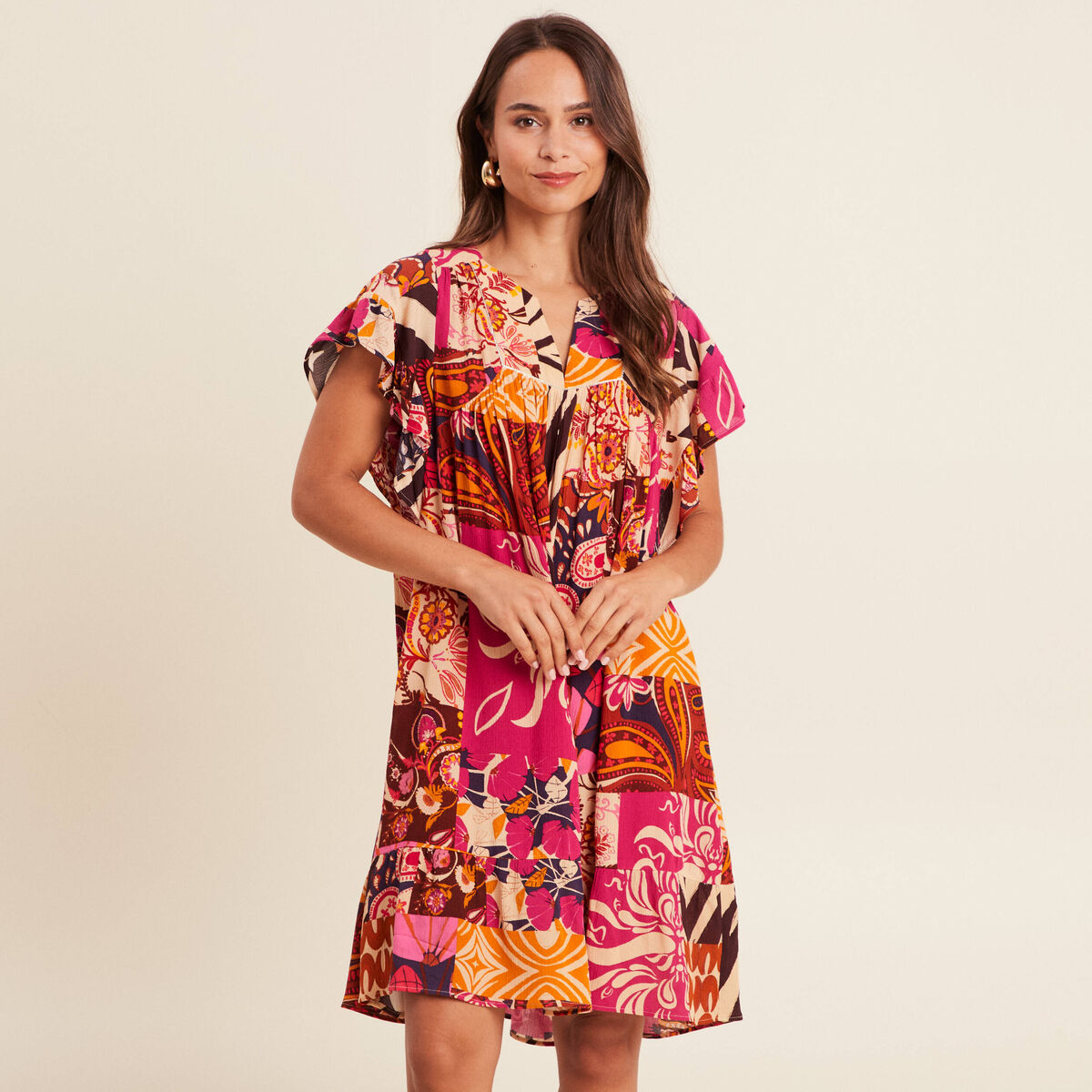 Robe courte évasée col tunisien rose femme