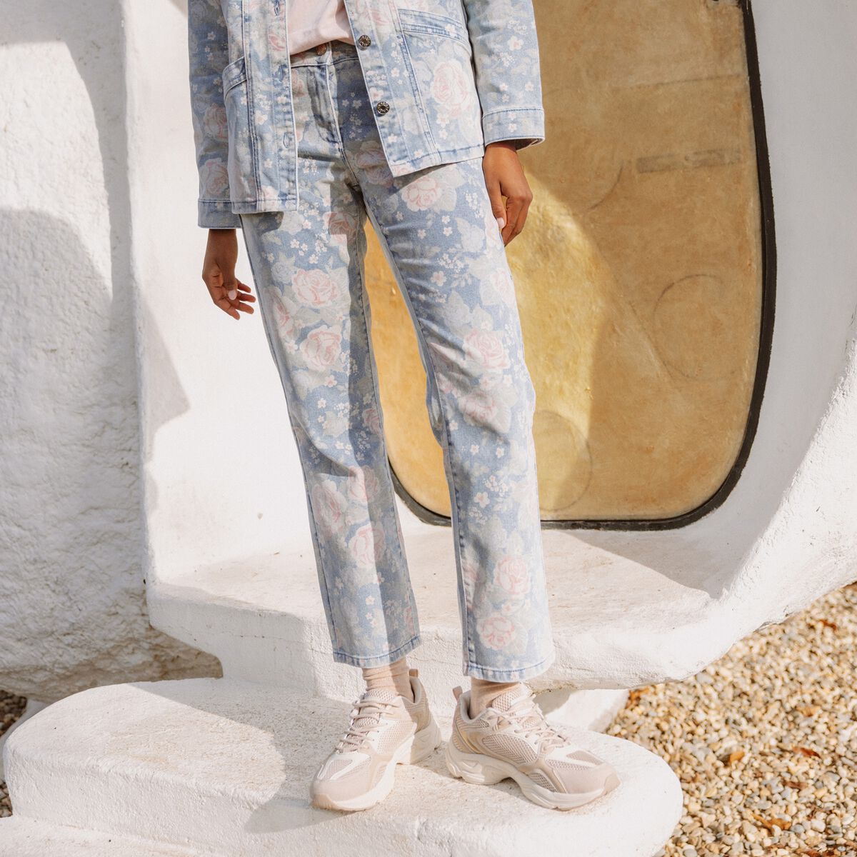 Jean coupe droite 7/8&egrave;me taille standard rose femme