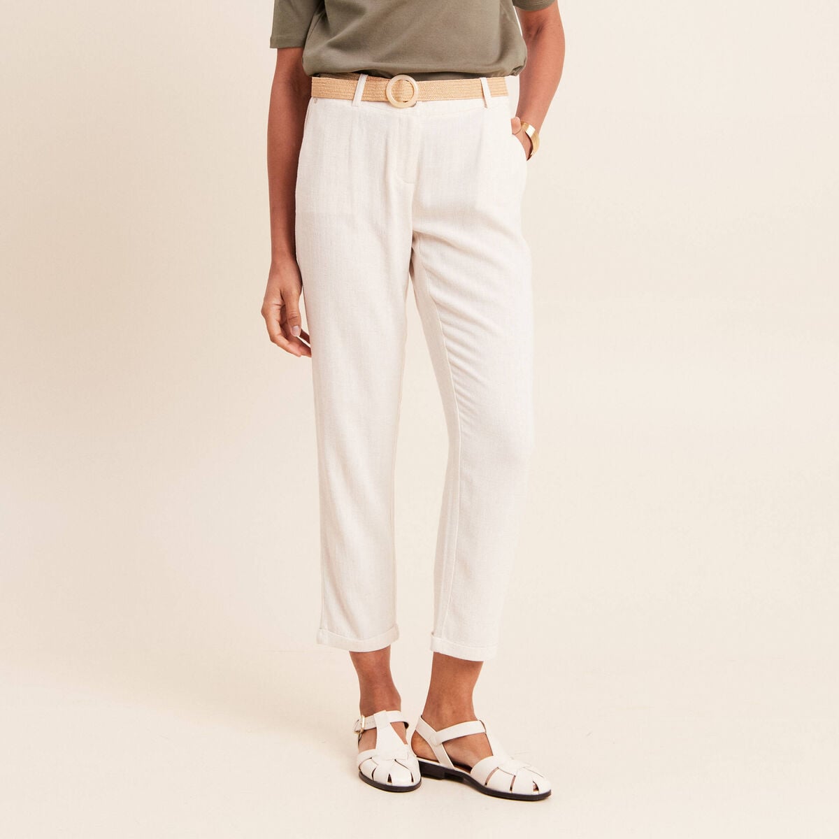 Pantalon large 7/8&egrave;me taille bascul&eacute;e beige femme