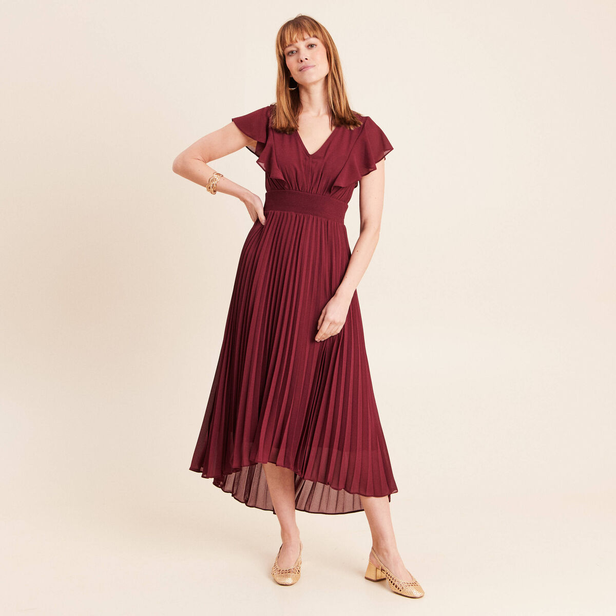 Robe longue &eacute;vas&eacute;e &agrave; volants prune femme