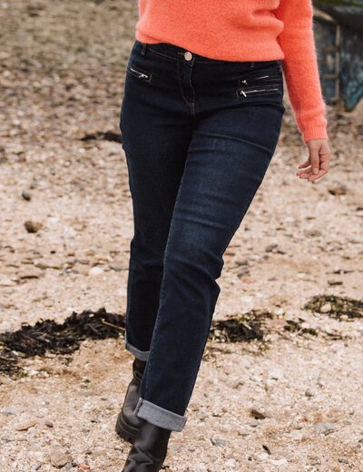 Jean ajusté taille basculée denim brut femme