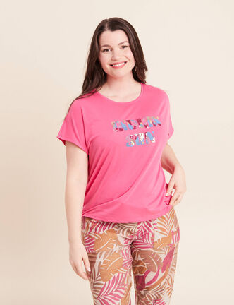 T-shirt col rond manches courtes brod&eacute; rose fushia femme