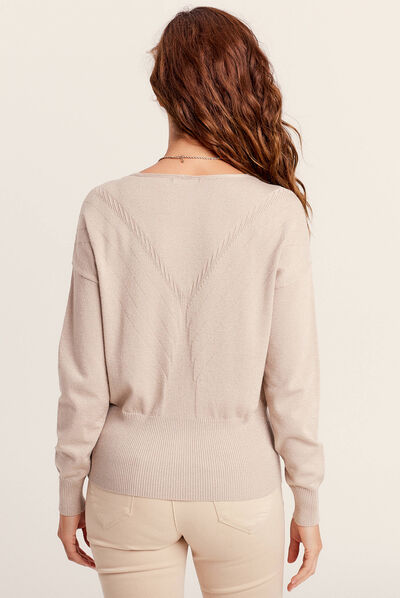 Pull manches longues col en V couleur or femme