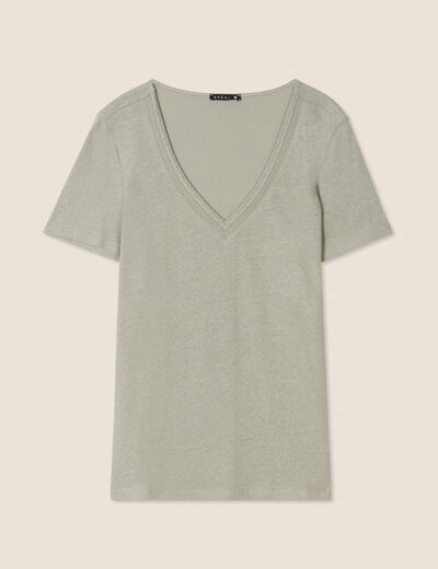 T-shirt manches courtes col en V vert clair femme
