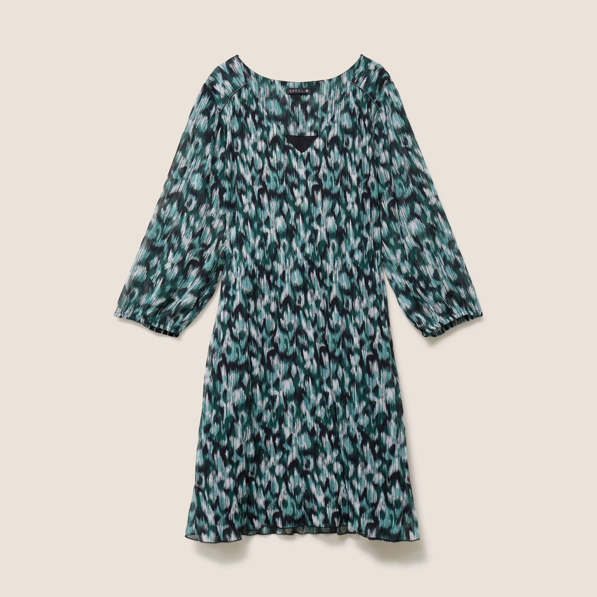 Robe courte &eacute;vas&eacute;e pliss&eacute;e col v vert femme