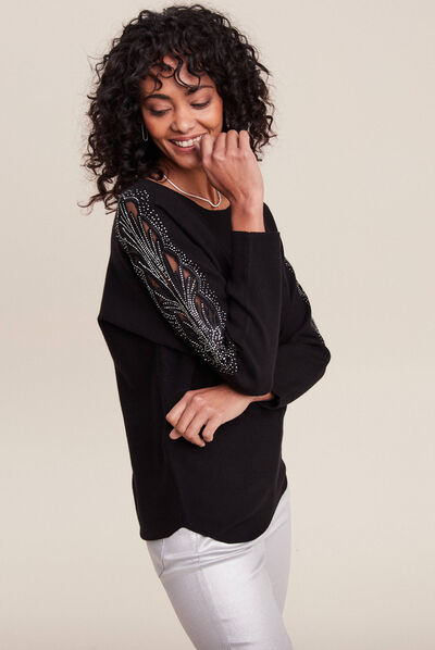 Pull manches longues strass noir femme