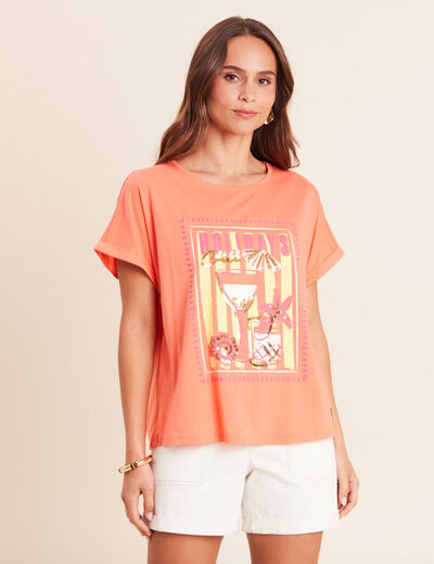 T-shirt col rond manches courtes sequins orange fluo femme