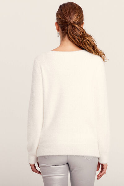 Pull manches longues strass ecru femme