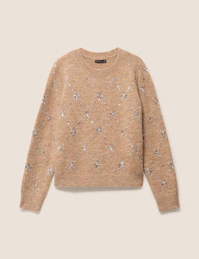 Pull col rond &agrave; sequins marron clair femme