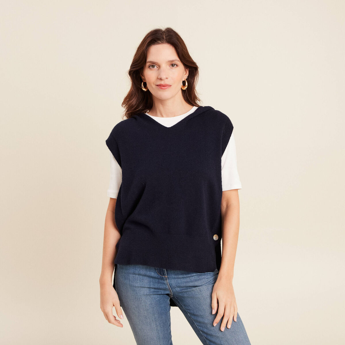 Pull sans manches &agrave; capuche bleu fonc&eacute; femme