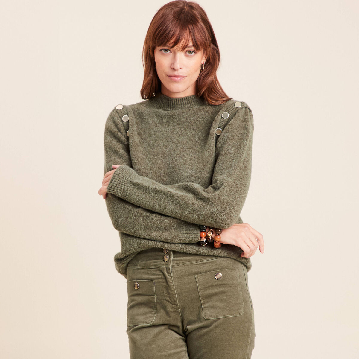 Pull col rond manches longues vert kaki femme