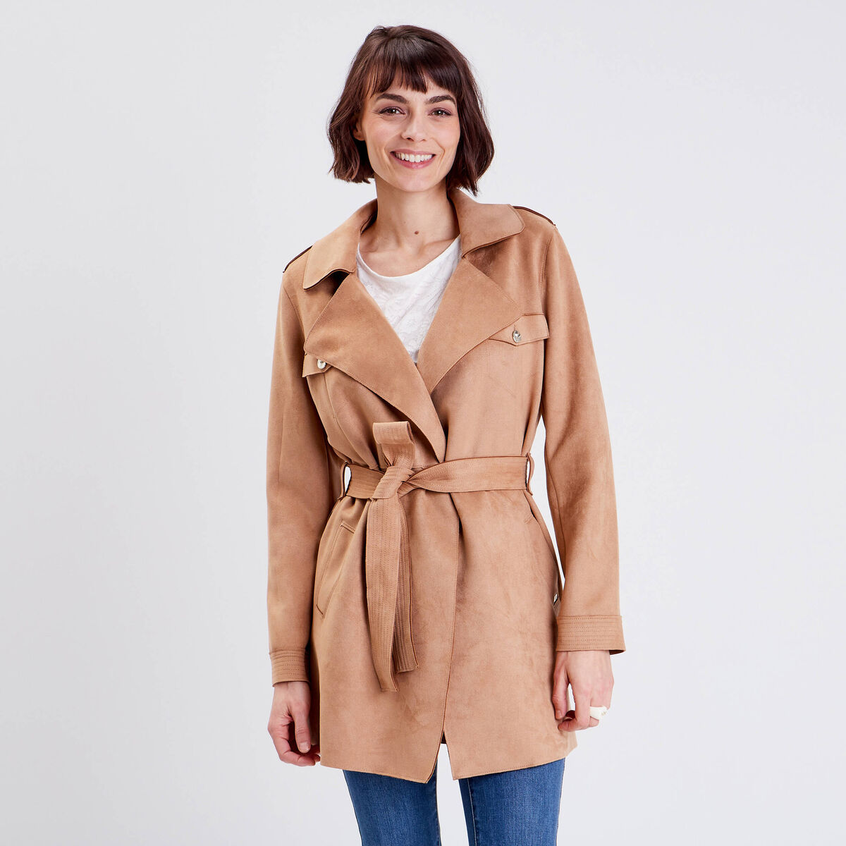 Trench droit effet suédine marron femme