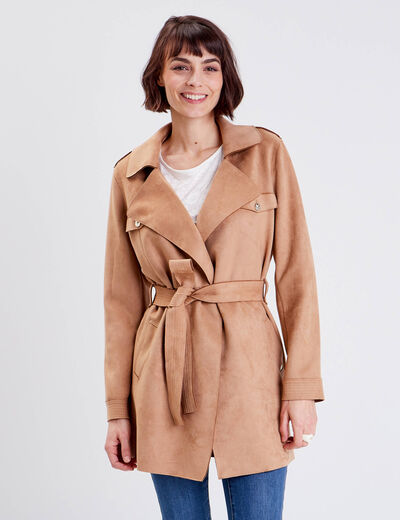 Trench droit effet suédine marron femme