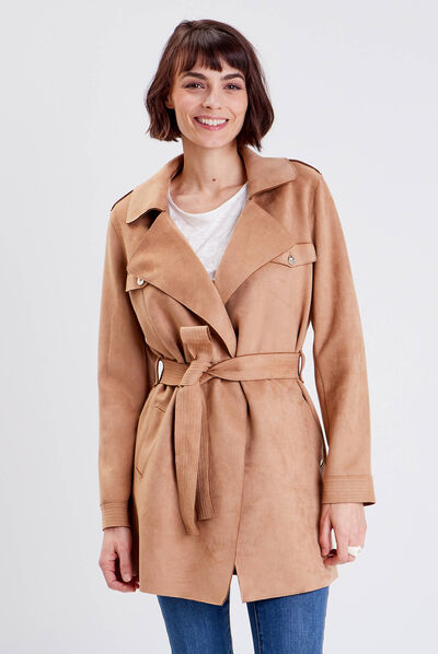 Trench droit effet suédine marron femme