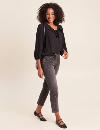 Jean droit 7/8&egrave;me taille bascul&eacute;e denim gris femme