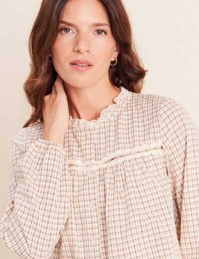 Chemise vichy manches longues col rond marron femme