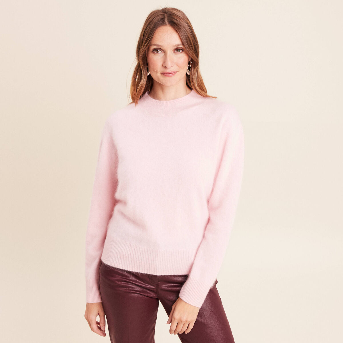 Pull cachemire col montant rose femme