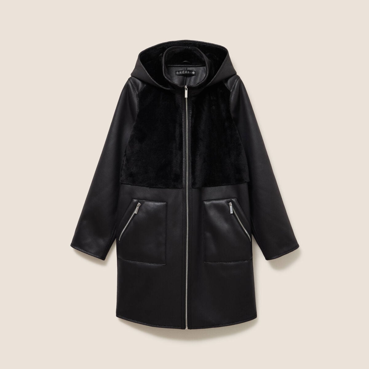Manteau fausse fourrure capuche amovible noir femme
