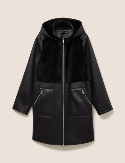 Manteau fausse fourrure capuche amovible noir femme