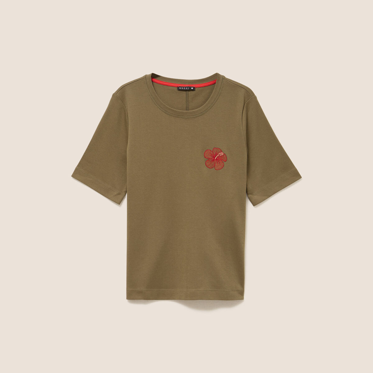 T-shirt col rond manches courtes vert kaki femme