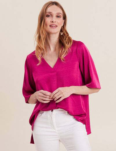 Blouse manches 3/4 satin rose fushia femme