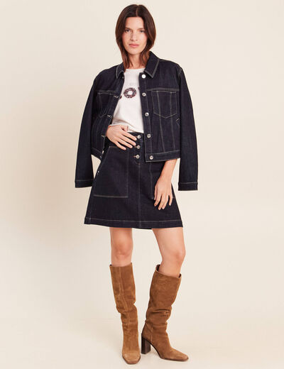 Jupe courte trap&egrave;ze en jean denim brut femme