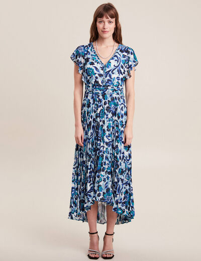 Robe longue droite plissée bleu femme