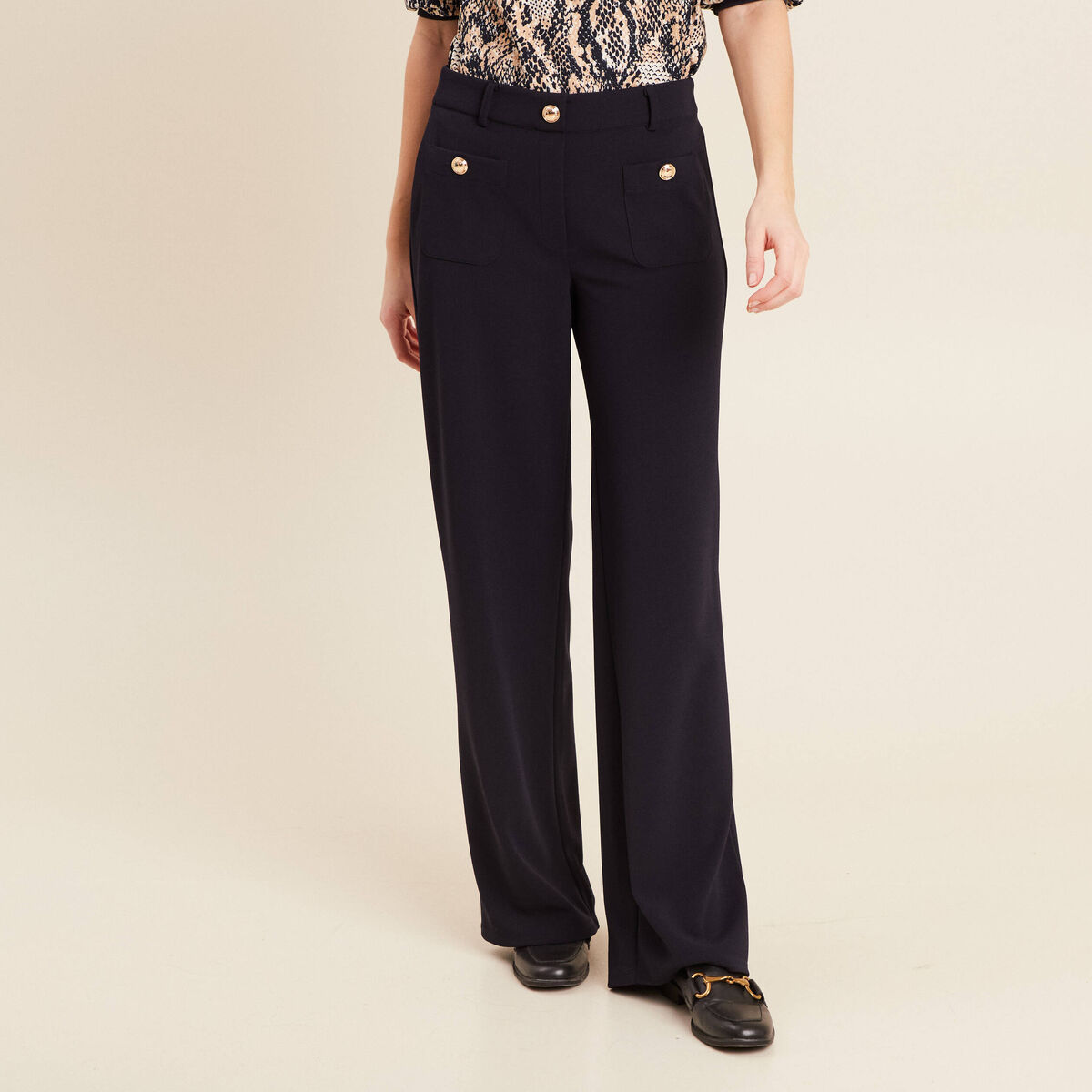 Pantalon coupe droite taille haute bleu fonc&eacute; femme