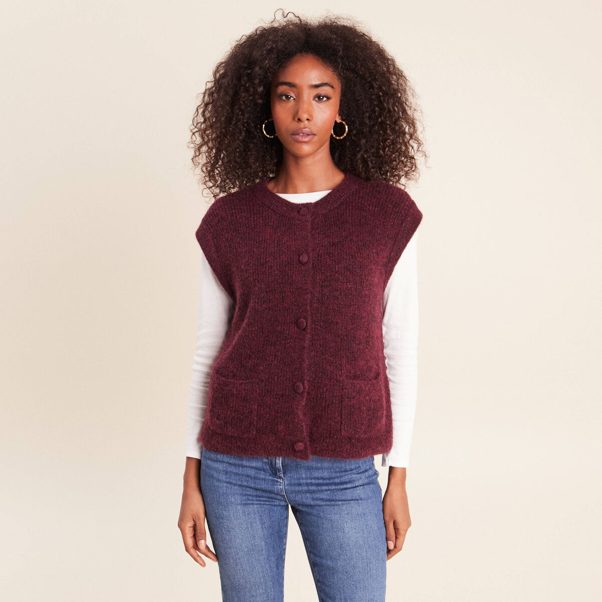 Gilet col rond bordeaux femme
