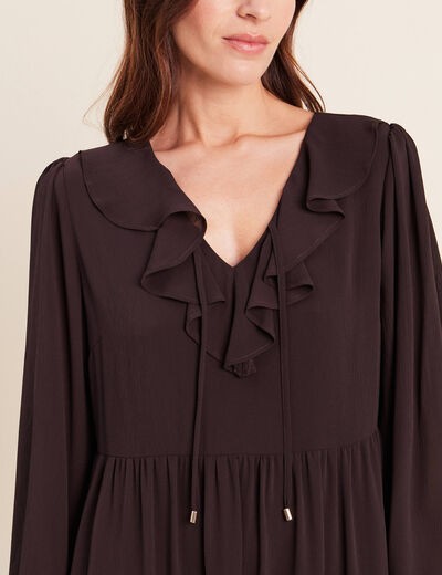 Robe courte &eacute;vas&eacute;e col v manches longues marron fonc&eacute; femme