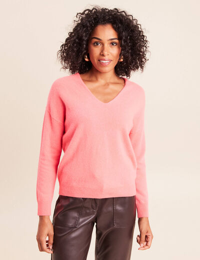 Pull en cachemire col v rose vif femme